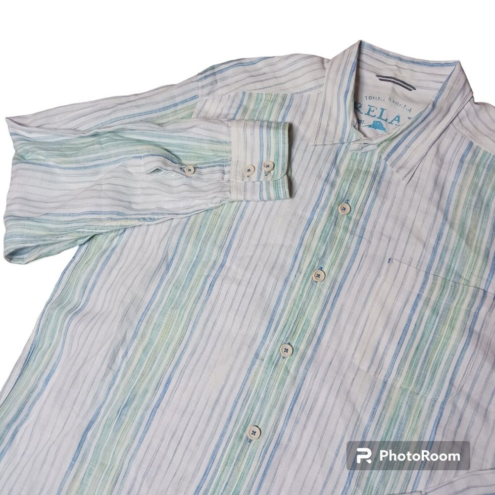 Tommy Bahama Men's Large Striped Long Sleeve Button‎ Up Shirt 100% Linen Relax